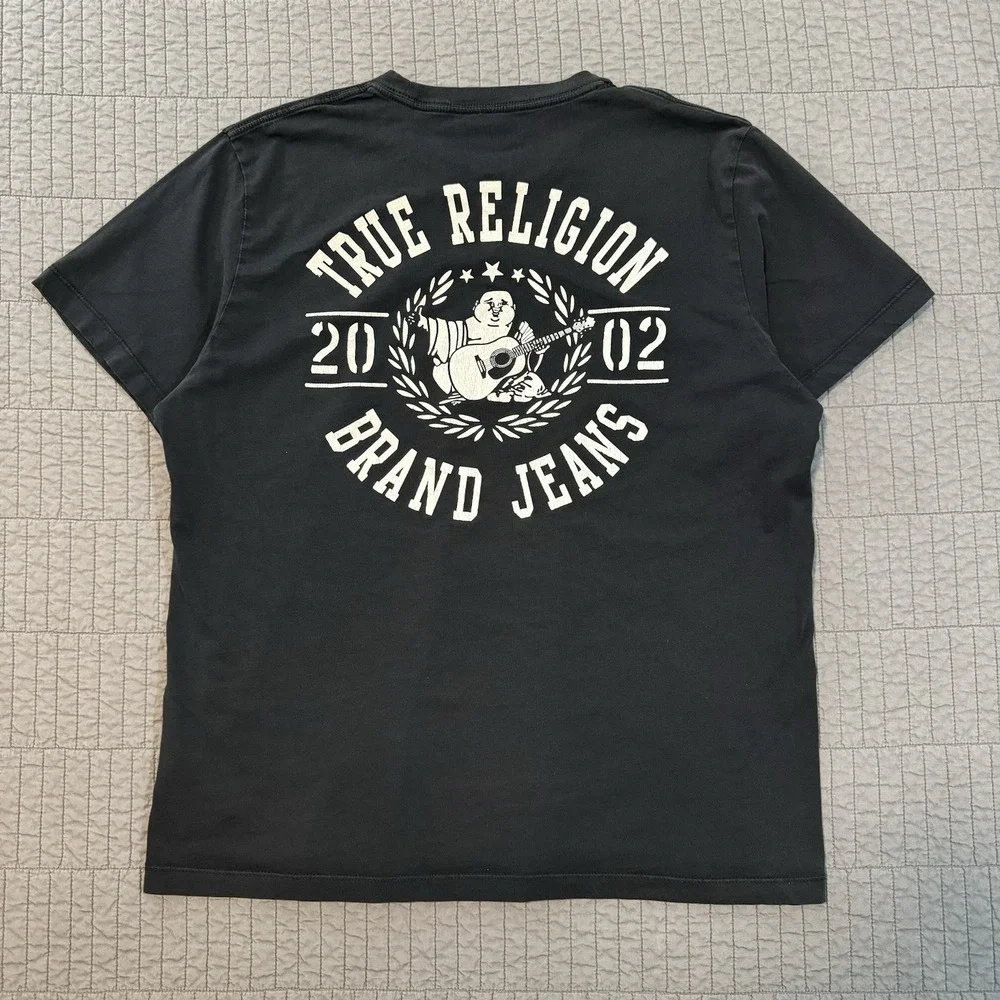 Y2K True‎ Religion Shirt Men Large Black Graphic Streetwear Skater Buddha Guitar